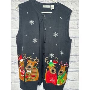 Isabella's Closet Vintage Holiday Reindeer Embroidered Sweater Vest Buttons SZ M